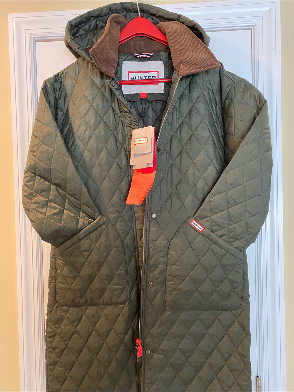 Hunter Logo Double Zip Quilted Hooded Long Coat NWT